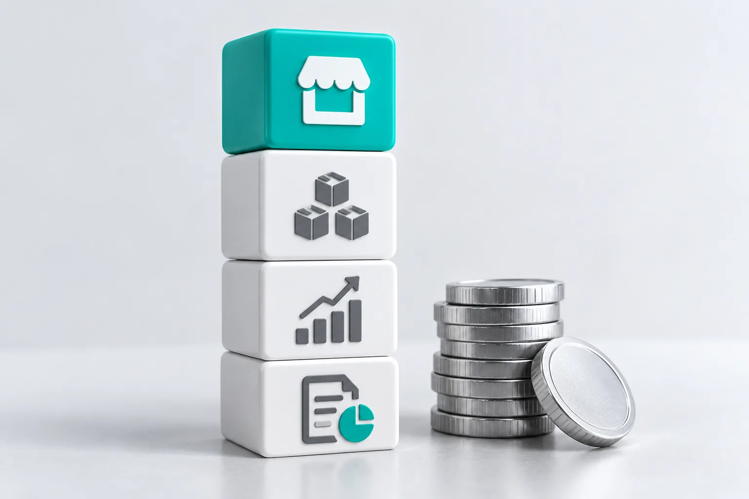 ERP modules stacked as blocks for stock, sales and reports, next to coins