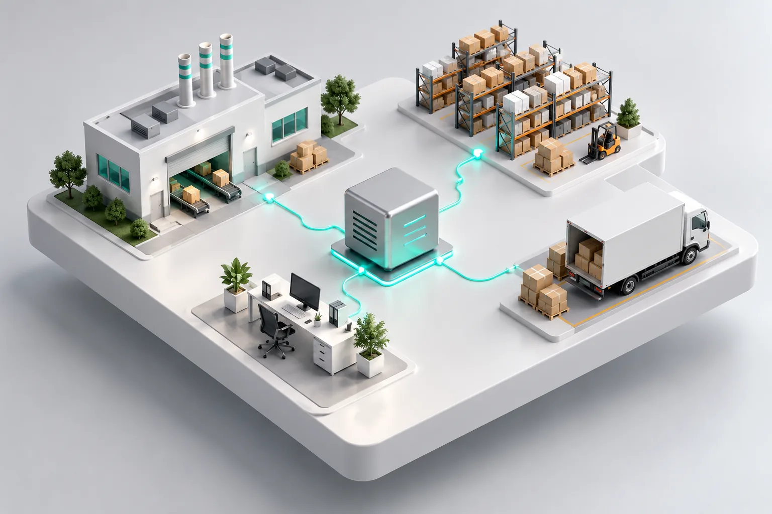 ERP system in Jordan: factory, warehouse, delivery truck and office connected to one server