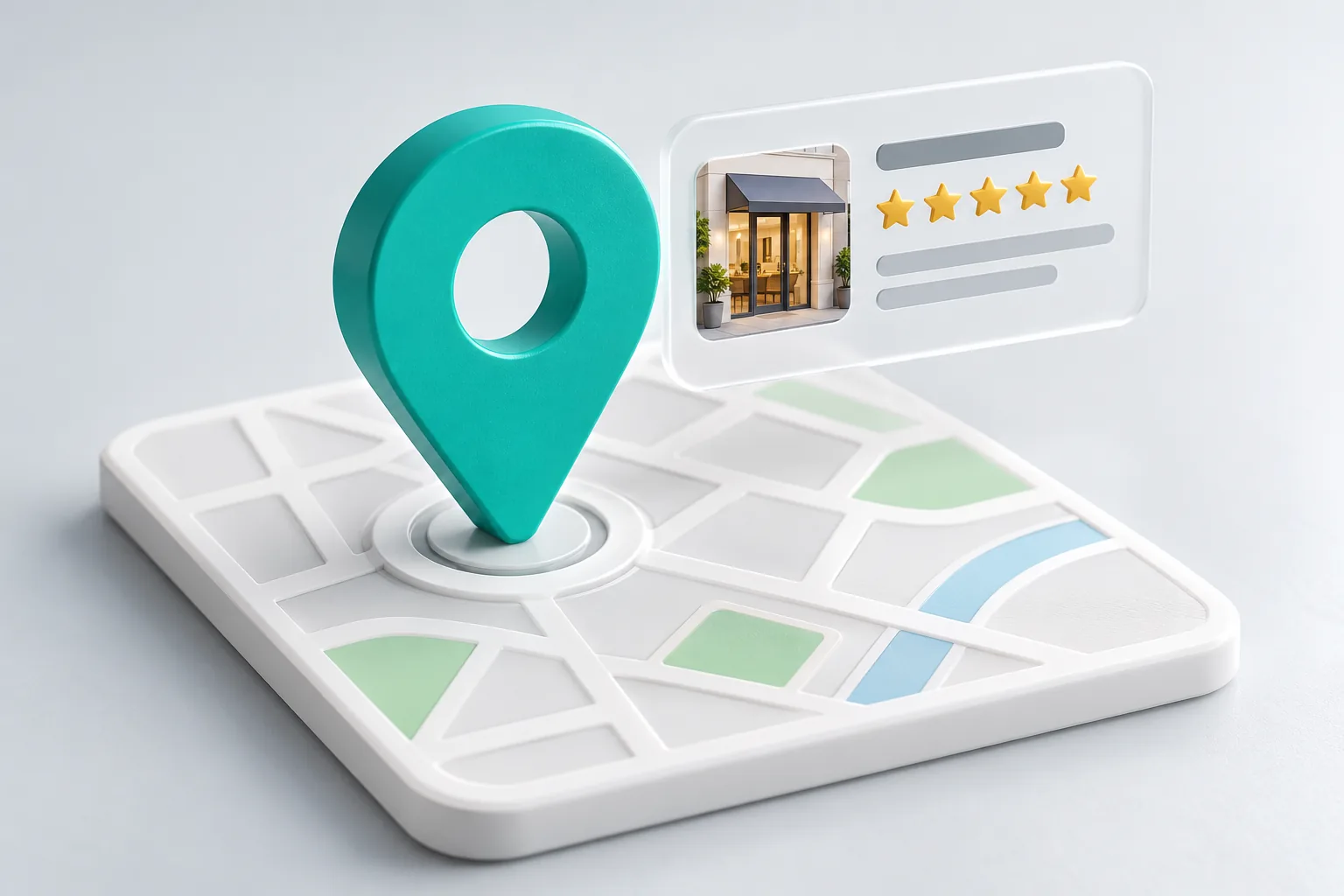 Map pin with a business card and five star rating