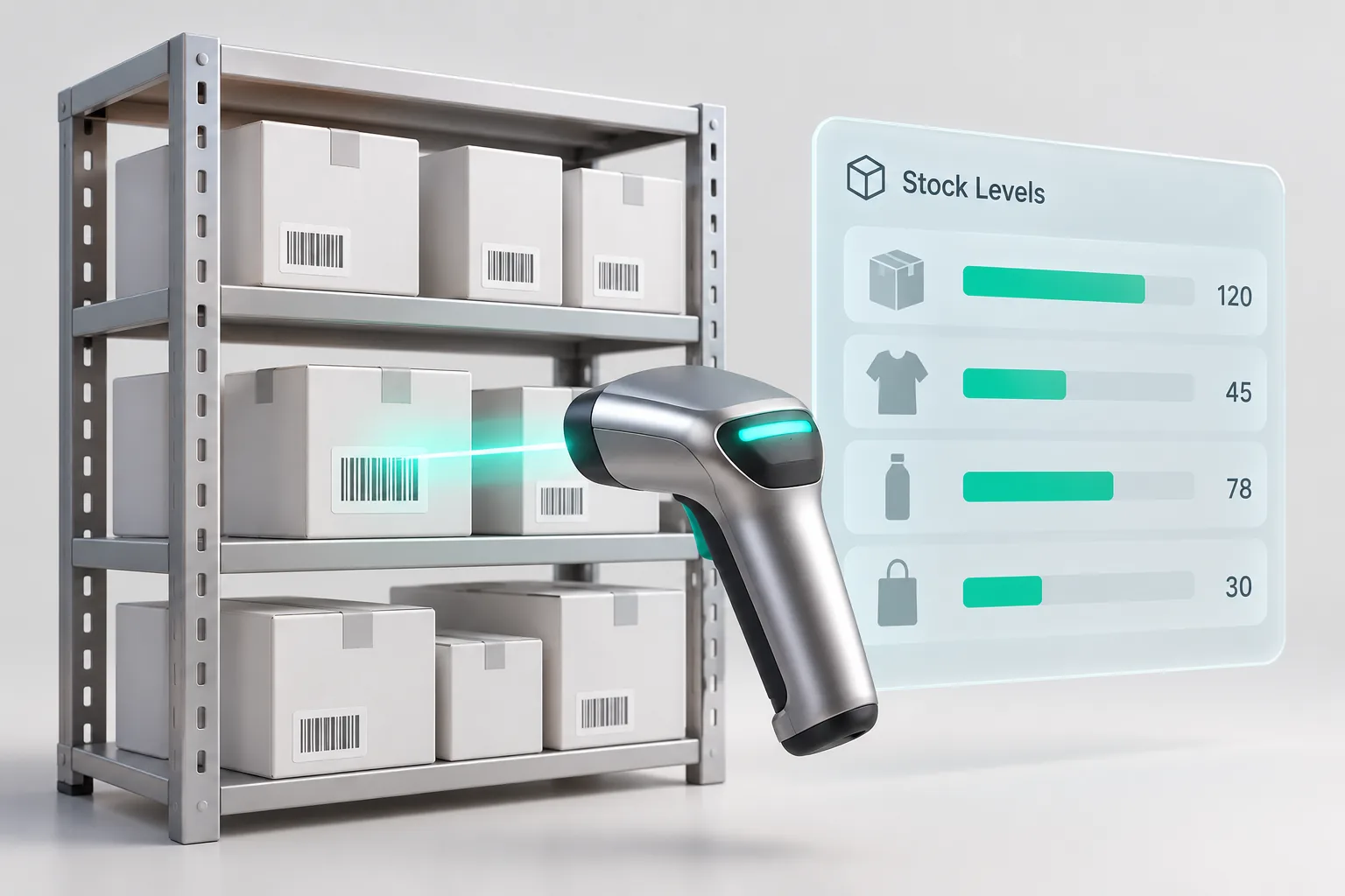 Warehouse shelves with a barcode scanner and live stock levels