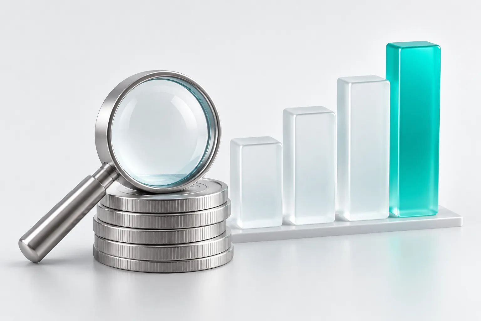 Magnifying glass on coins next to a rising chart