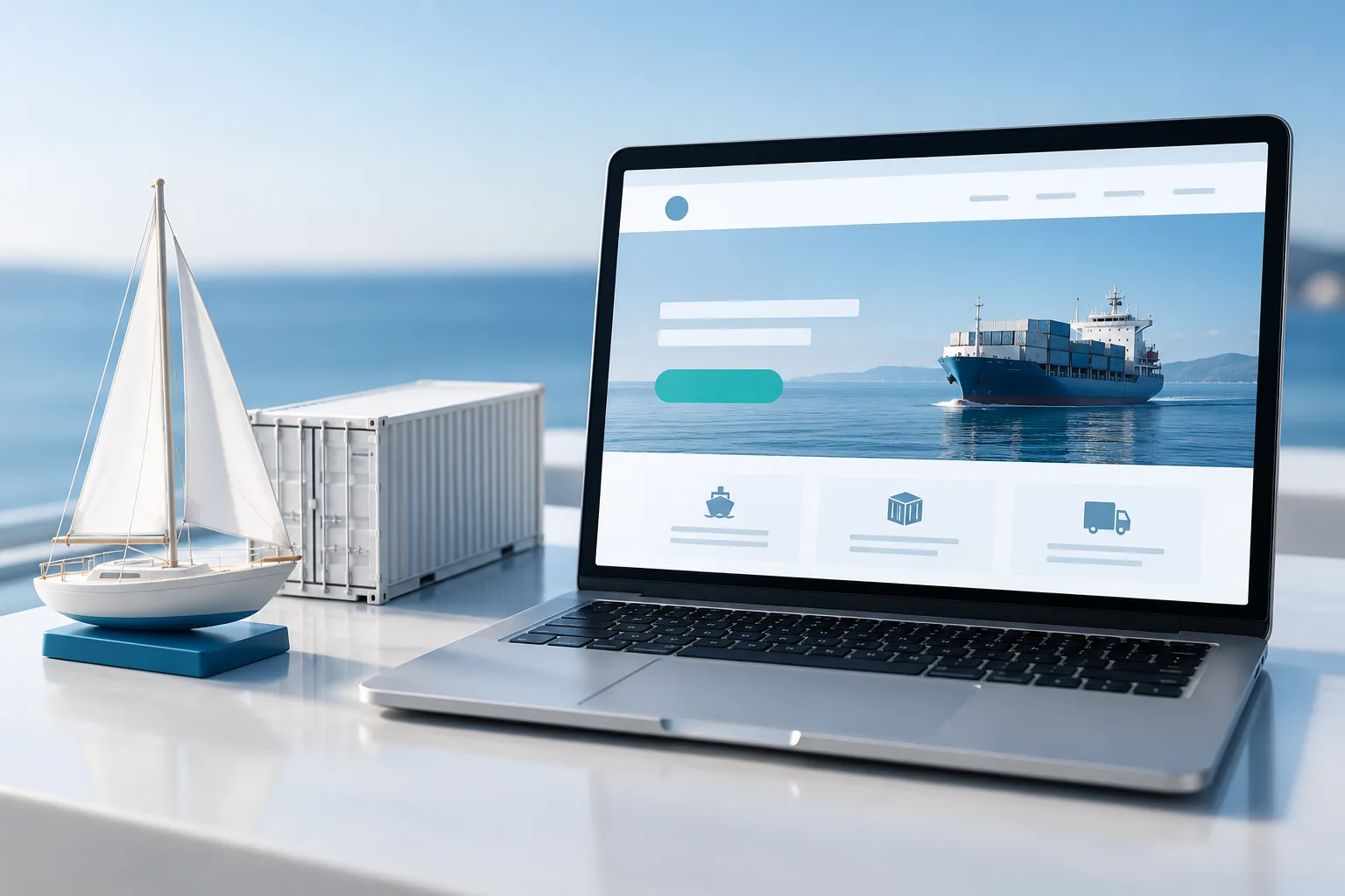 Laptop showing a website by the sea with a sailboat and a shipping container