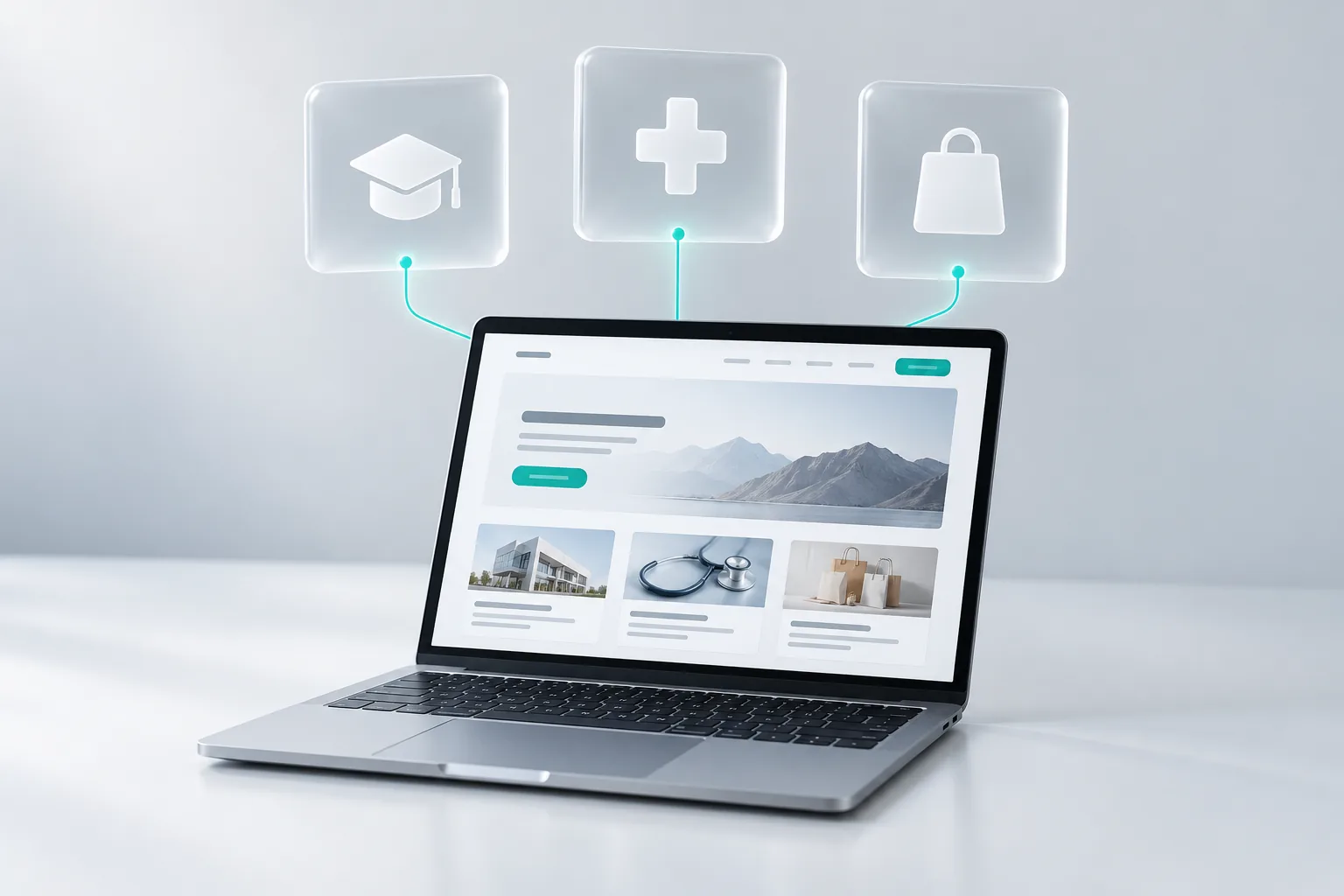 Laptop website linked to education, clinic and retail icons